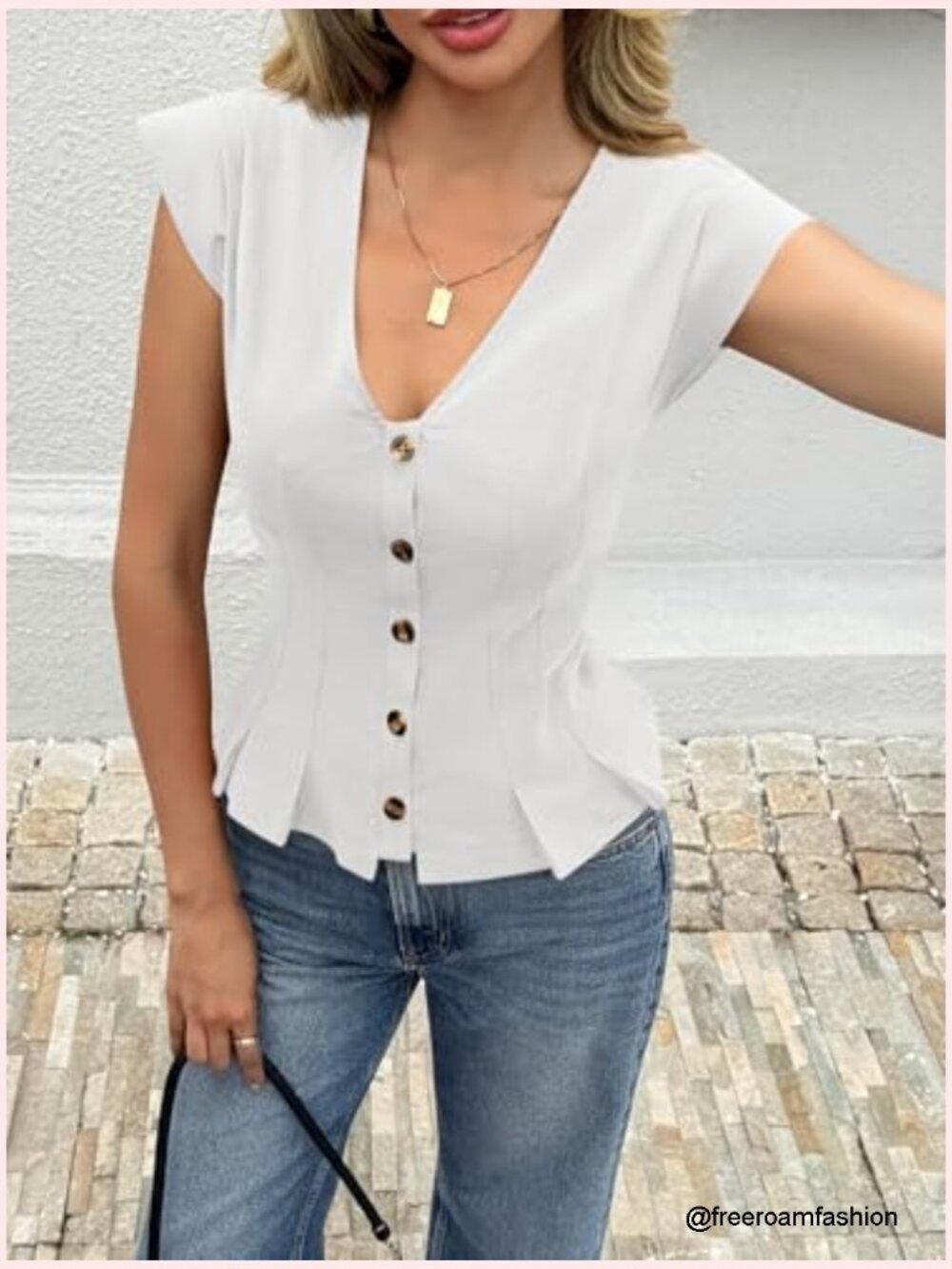 Deep V Neck Vest Top Cap Sleeve Ruffle Shirt Button Up Cotton Fitted Blouse - Picture 3 of 7